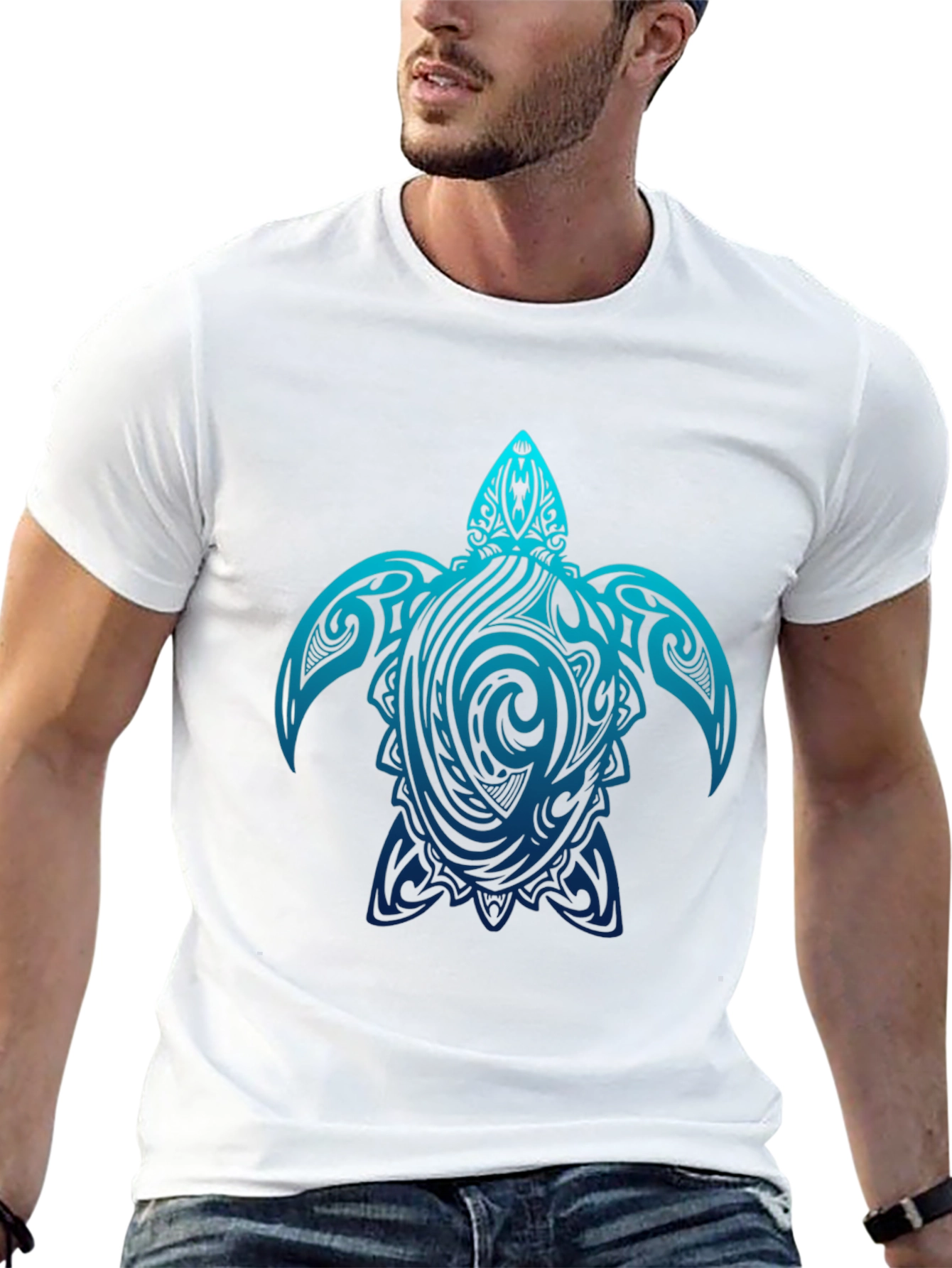 Mens Black T-Shirt with Blue Turtle Tribal Design