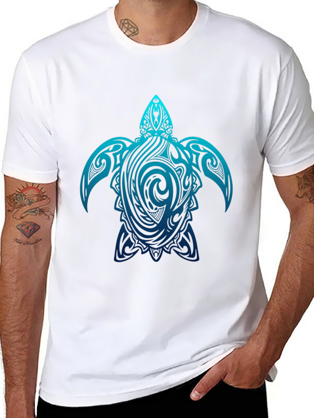 Mens Black T-Shirt with Blue Turtle Tribal Design