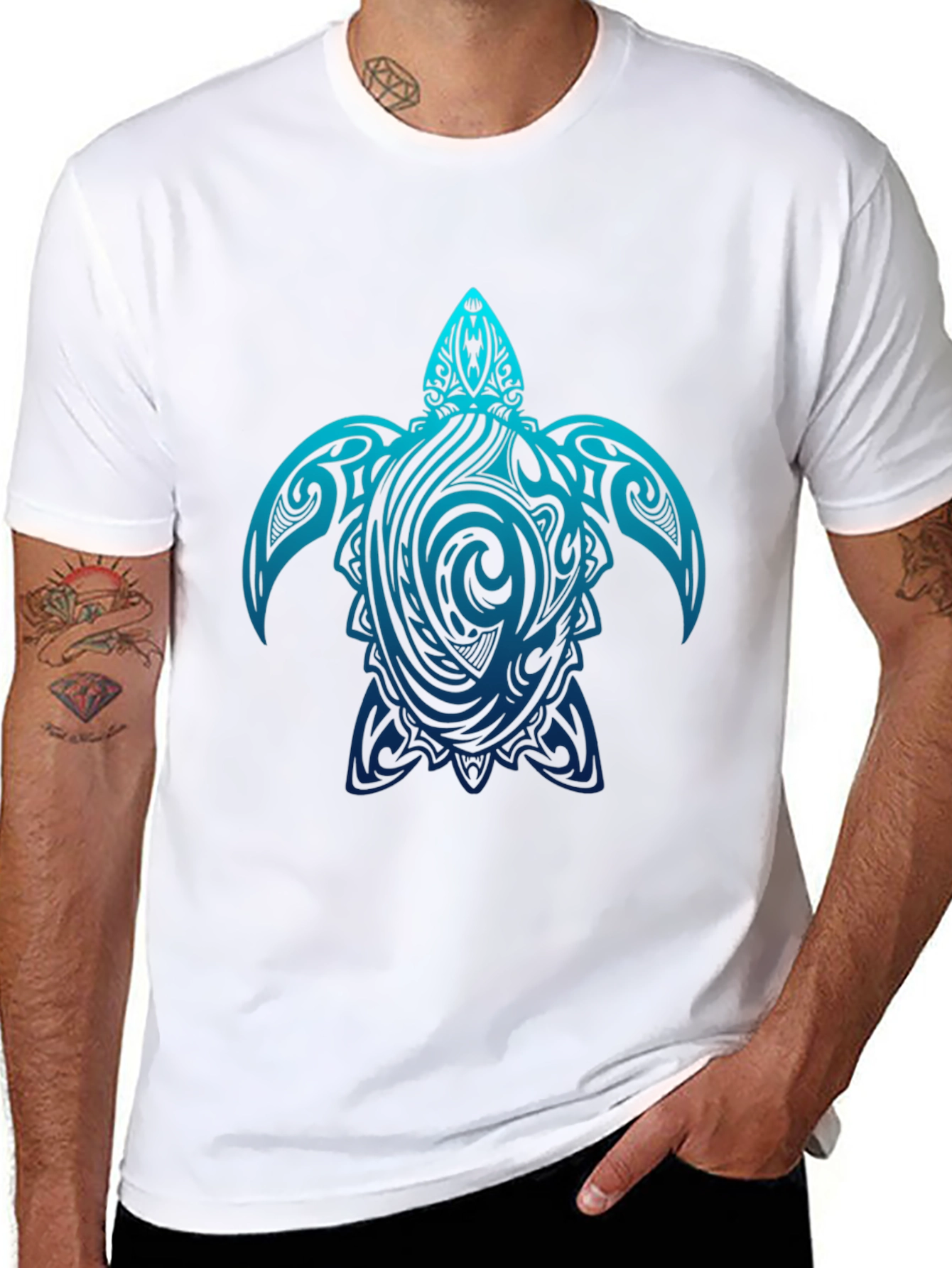 Mens Black T-Shirt with Blue Turtle Tribal Design