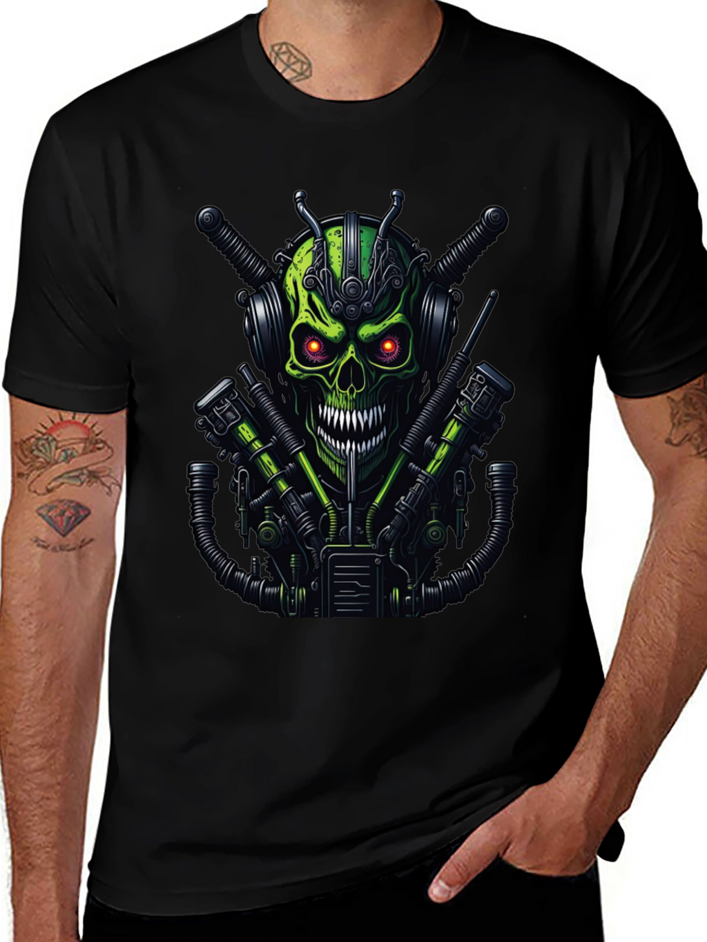 Cyberpunk Skull Graphic Tee - Mens Black T-Shirt