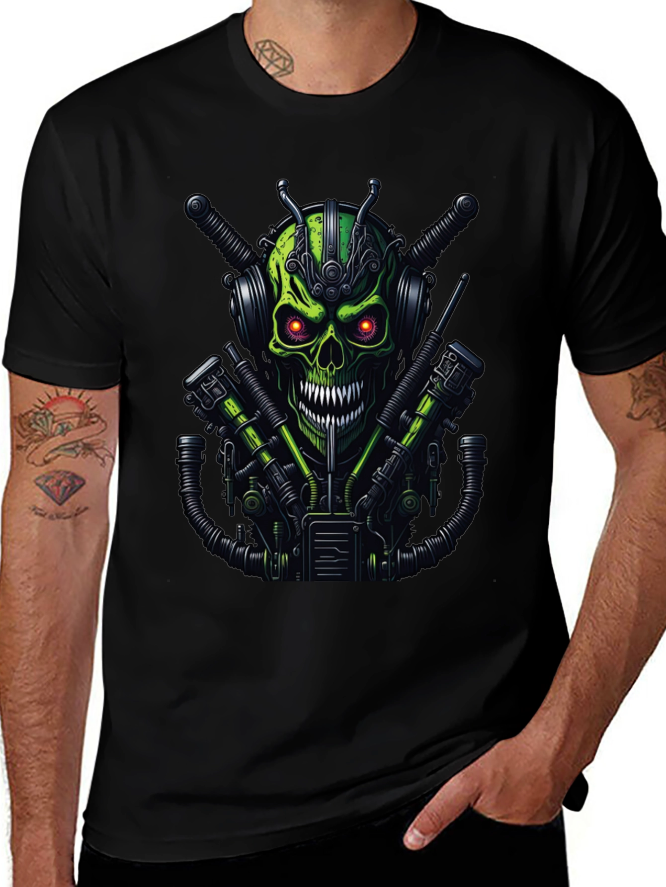 Cyberpunk Skull Graphic Tee - Mens Black T-Shirt