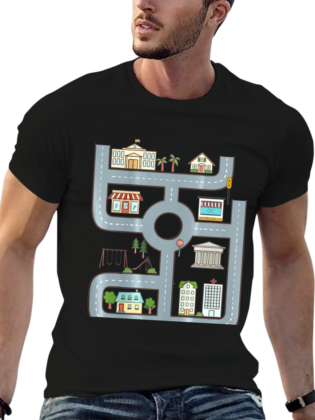 Cityscape Graphic Tee - Urban Road Playmat Design