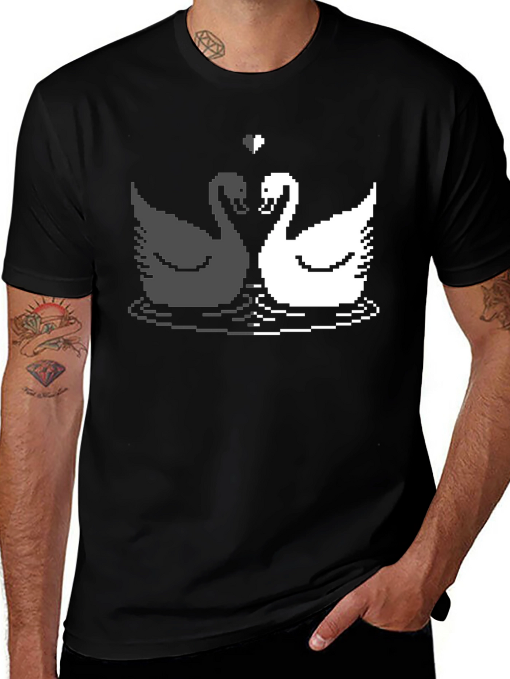 Pixel Swan Love T-Shirt - Black