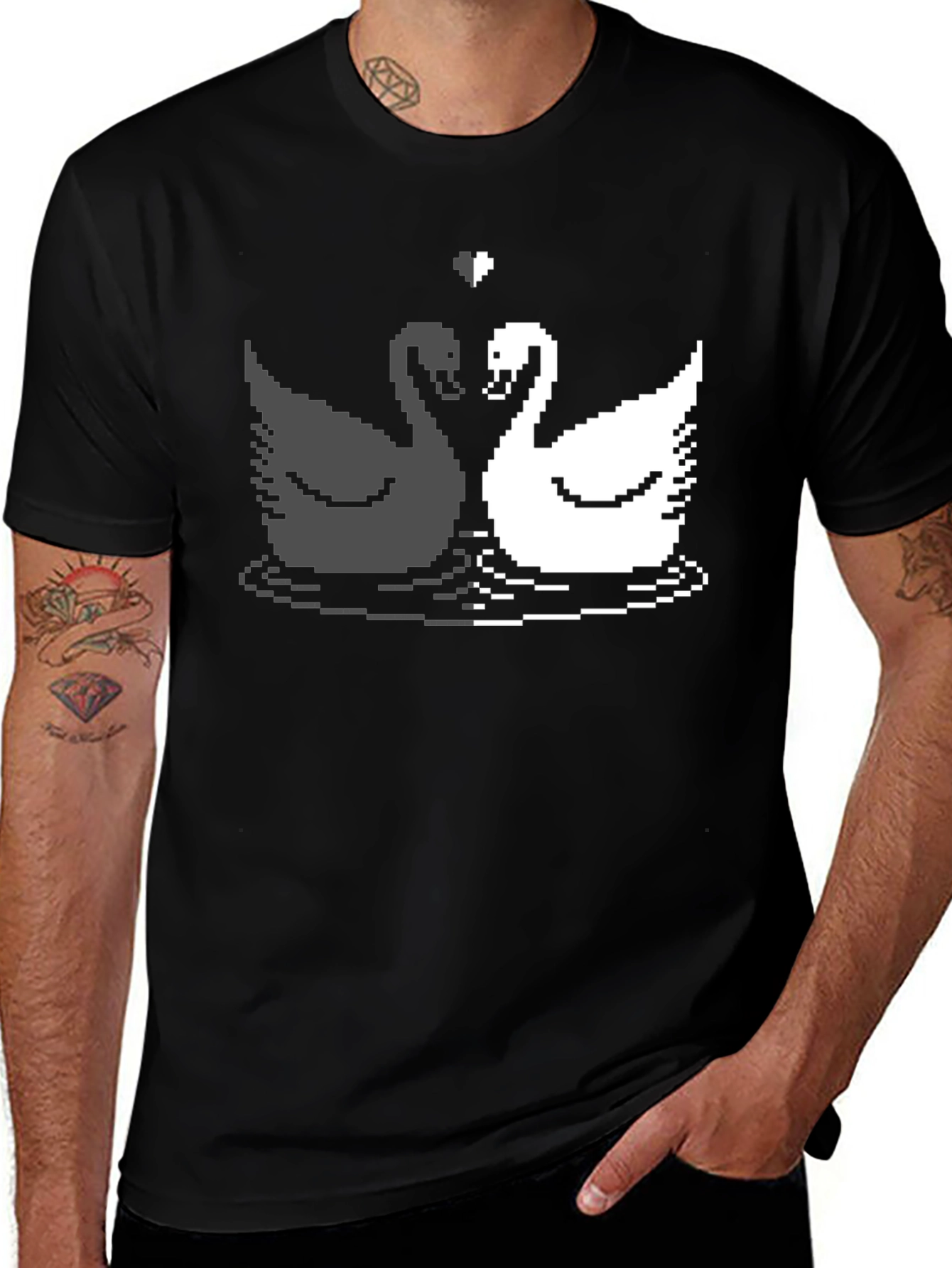 Pixel Swan Love T-Shirt - Black