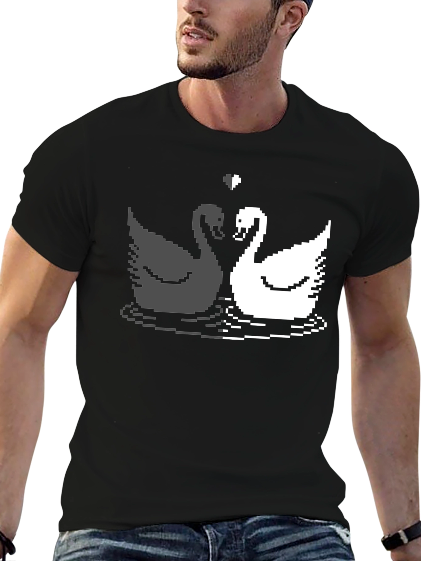 Pixel Swan Love T-Shirt - Black