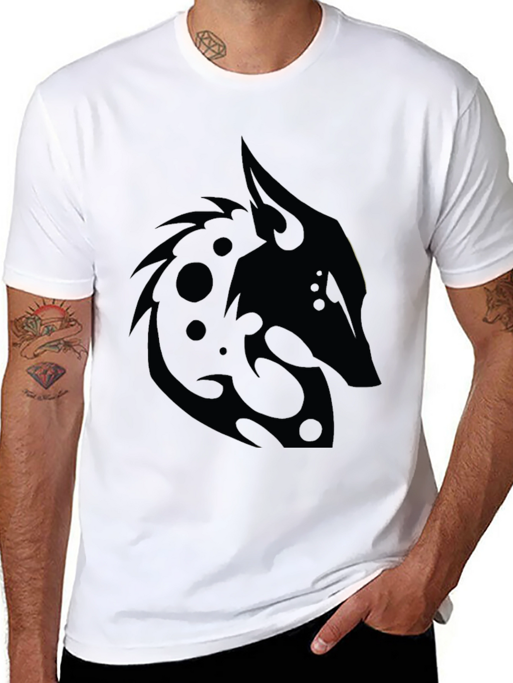 Black T-Shirt with Tribal Wolf Design