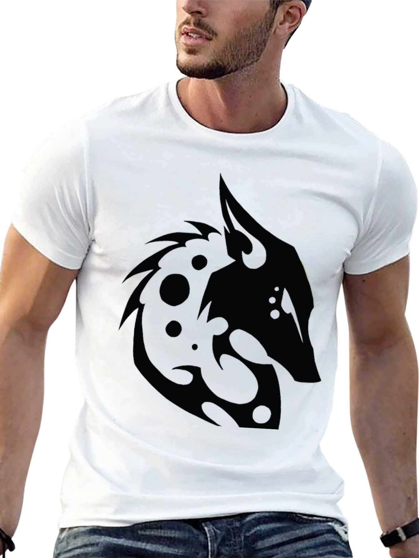 Black T-Shirt with Tribal Wolf Design