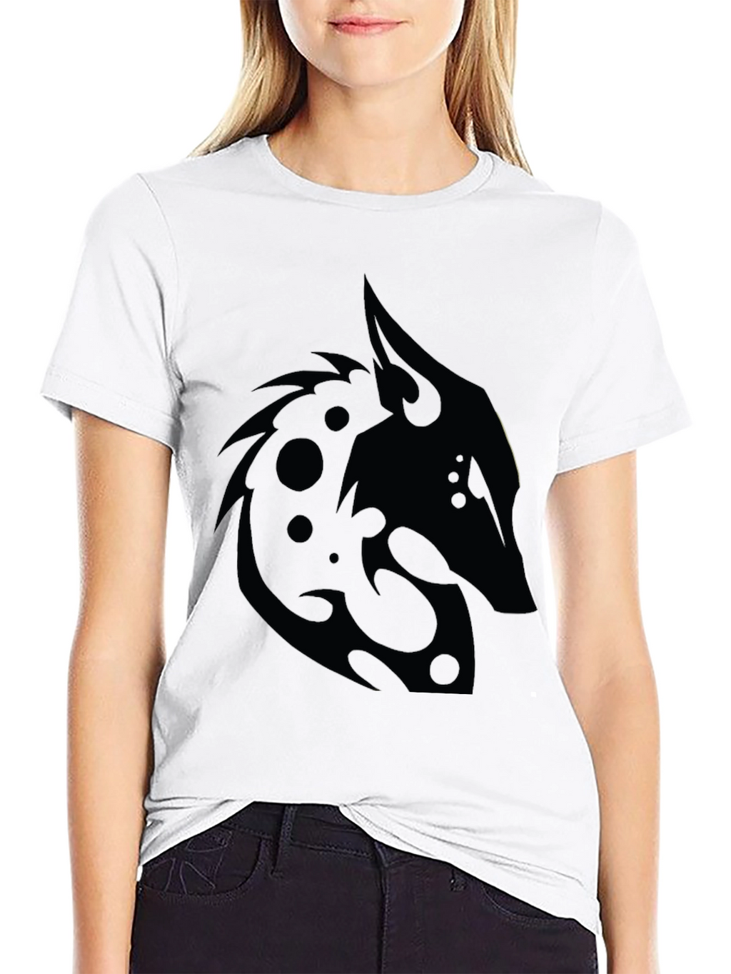 Black T-Shirt with Tribal Wolf Design