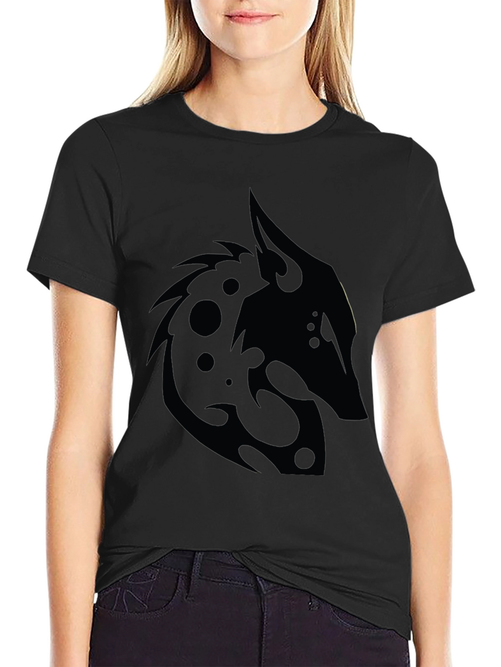 Black T-Shirt with Tribal Wolf Design