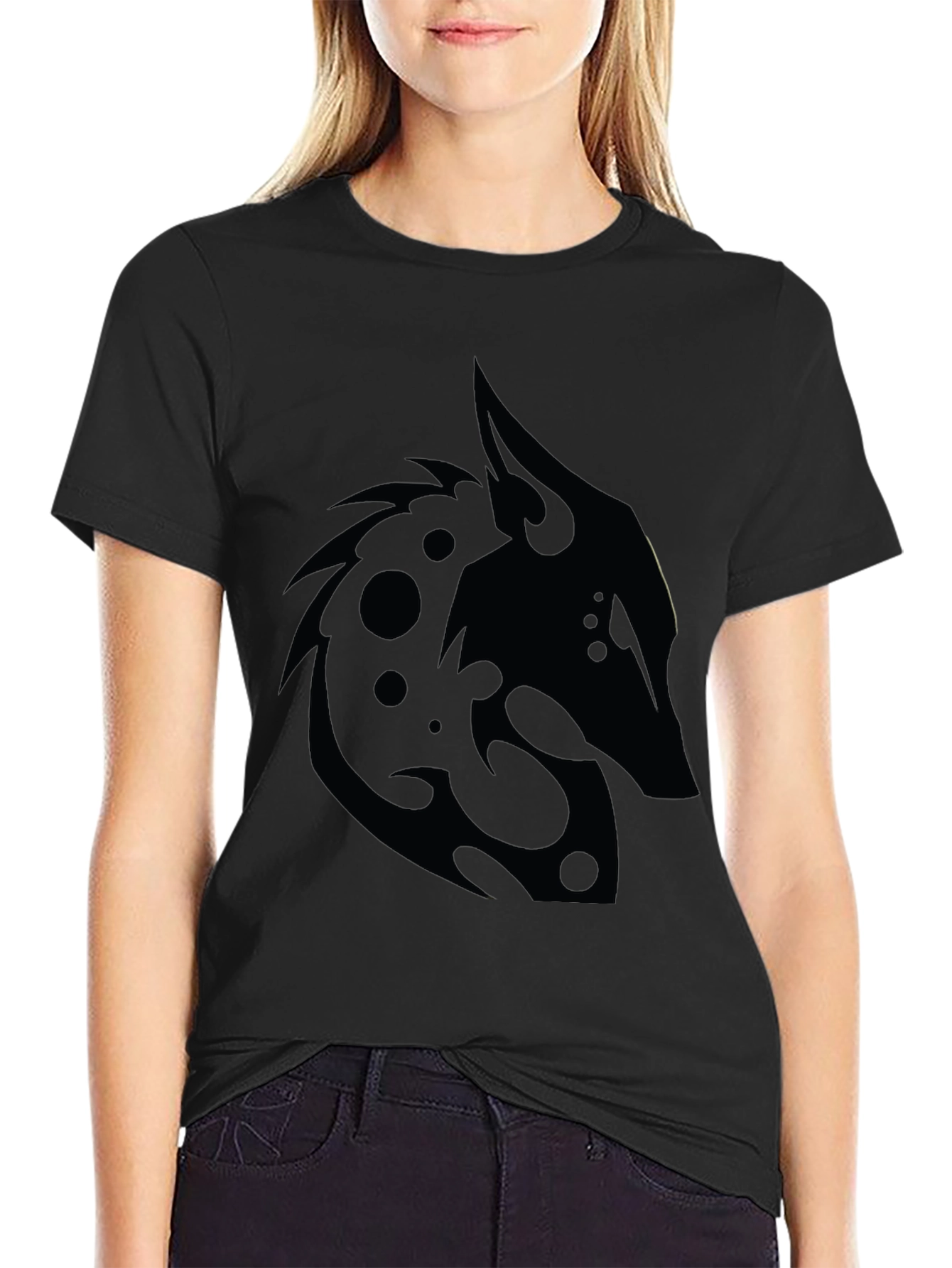 Black T-Shirt with Tribal Wolf Design