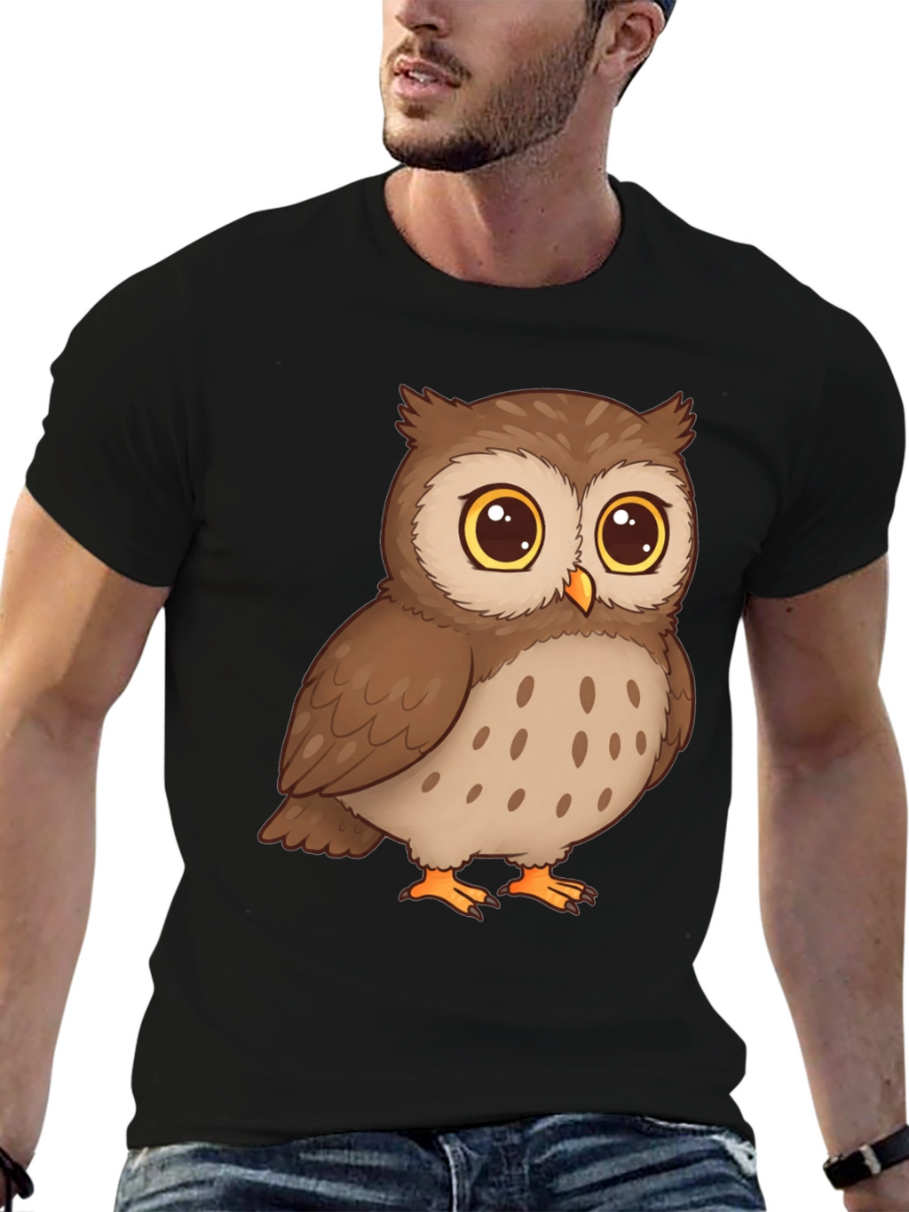 Owl Cartoon Graphic Tee - Black Cotton T-Shirt