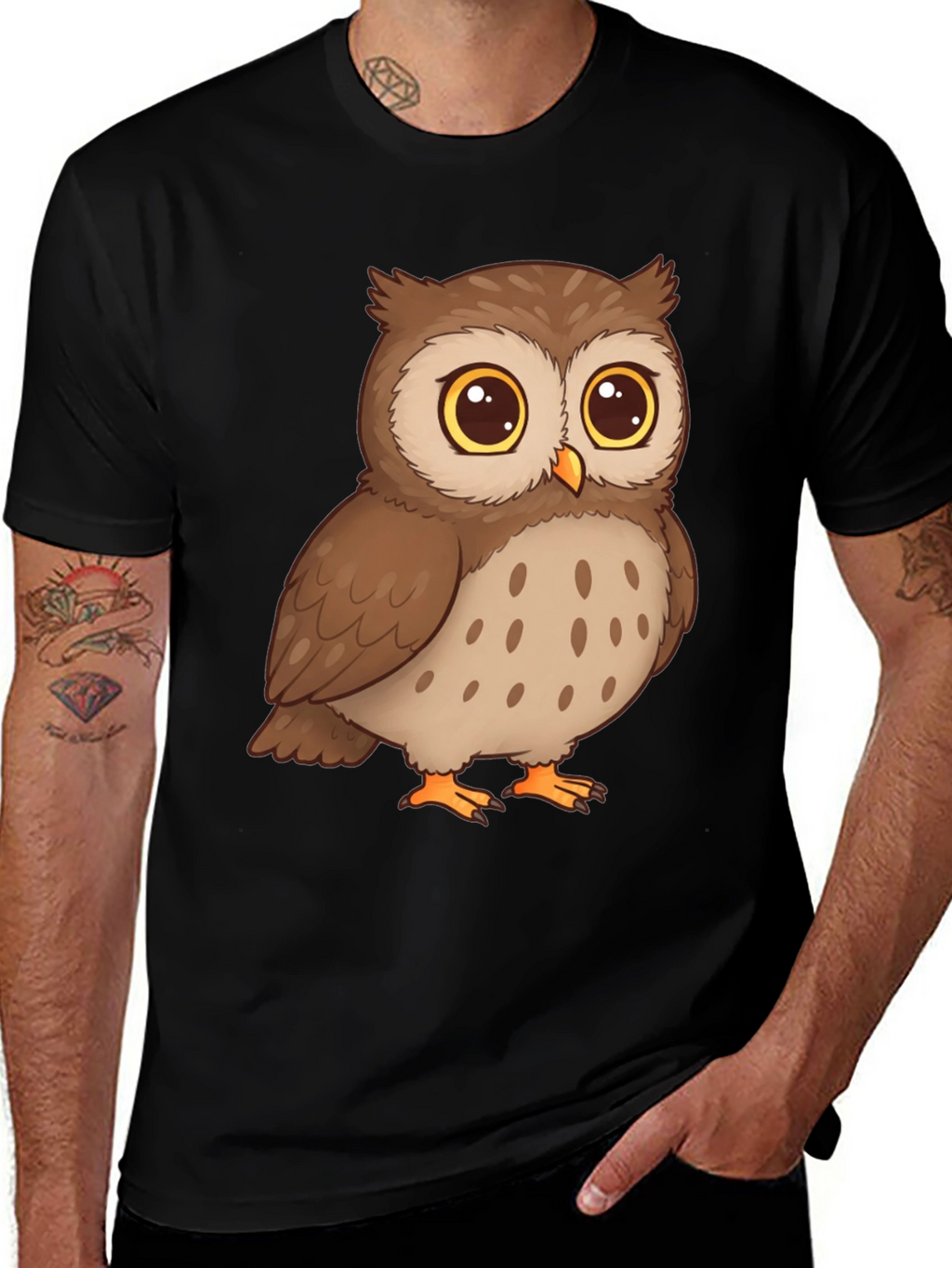 Owl Cartoon Graphic Tee - Black Cotton T-Shirt