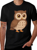 Owl Cartoon Graphic Tee - Black Cotton T-Shirt