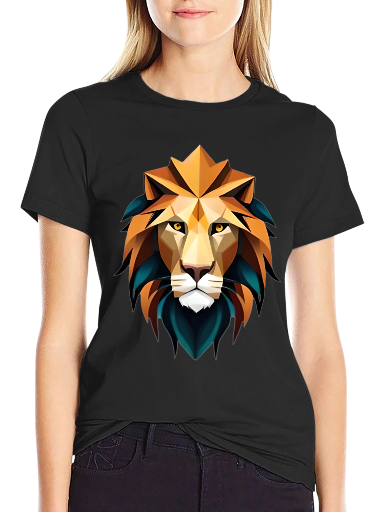 Geometric Lion Graphic Black T-Shirt