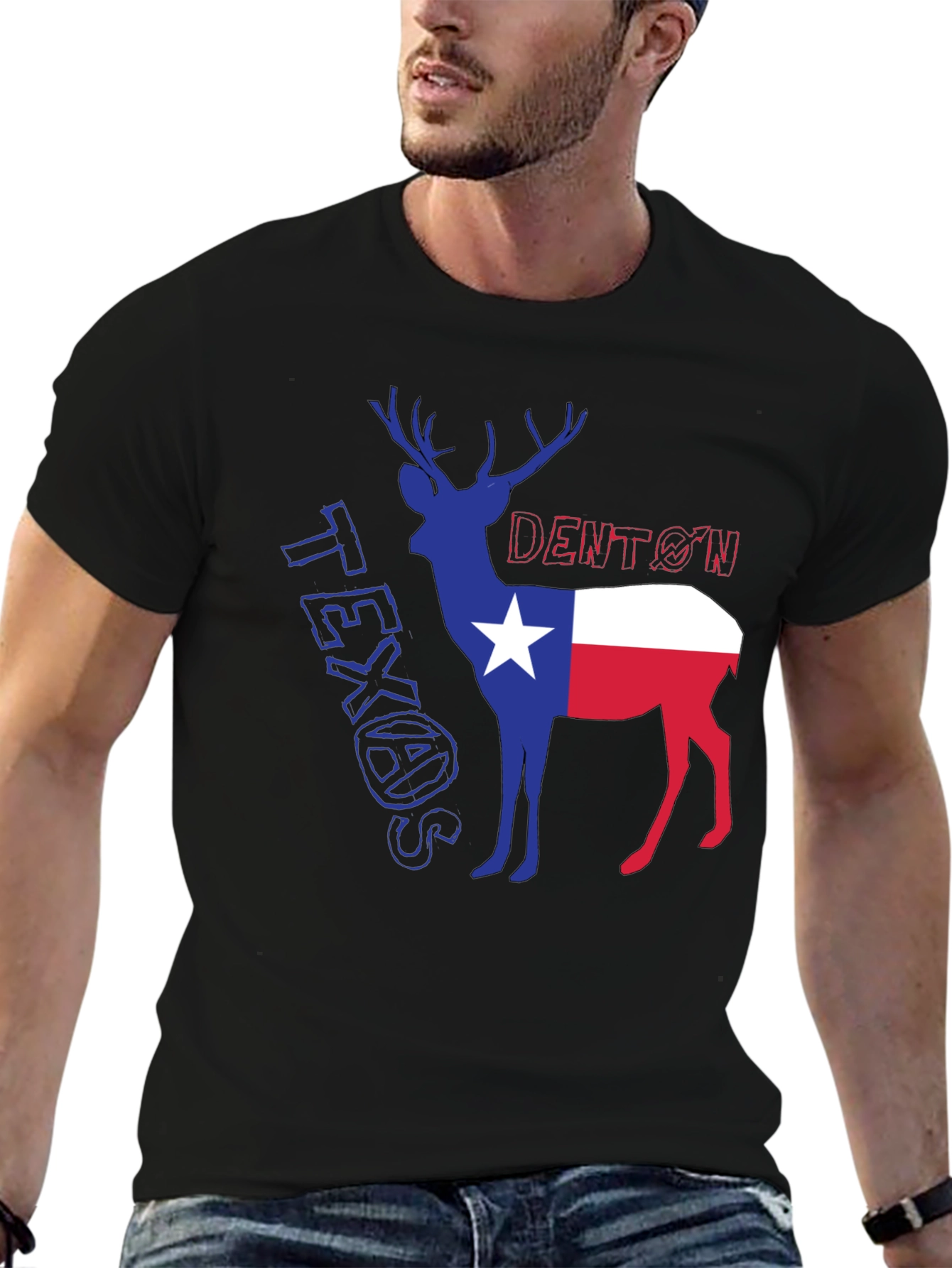 Denton Texas Deer Graphic Tee - Black Cotton Blend