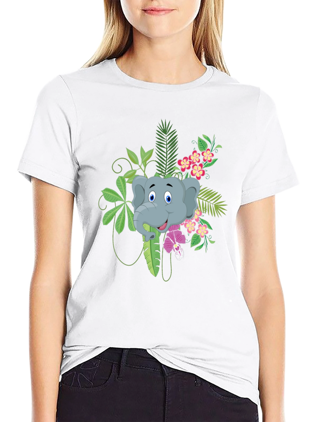 Elephant Graphic T-Shirt - Tropical Style - Black