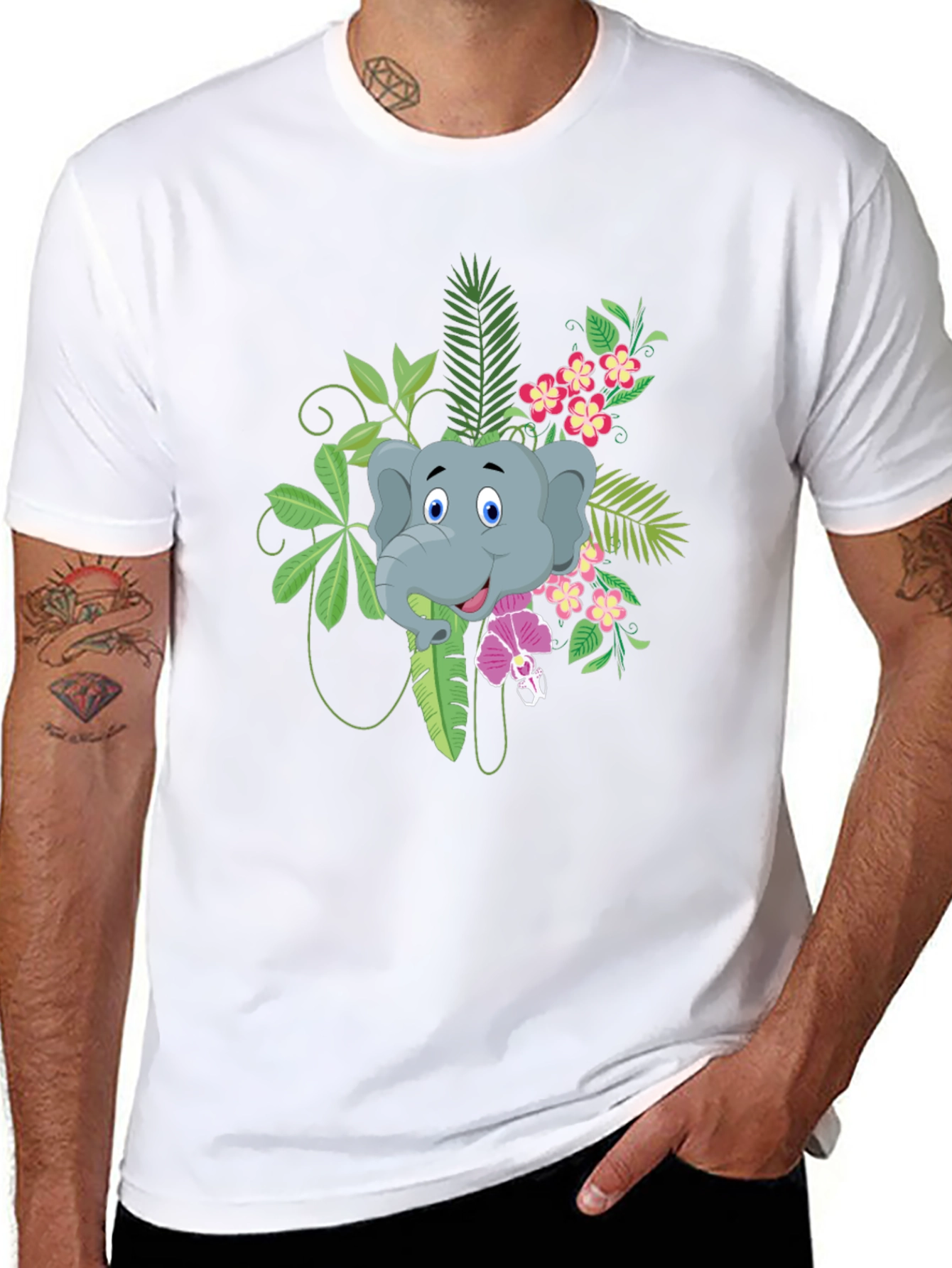 Elephant Graphic T-Shirt - Tropical Style - Black