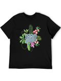 Elephant Graphic T-Shirt - Tropical Style - Black