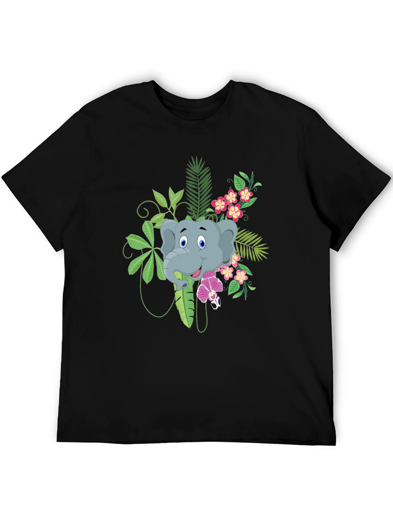 Elephant Graphic T-Shirt - Tropical Style - Black