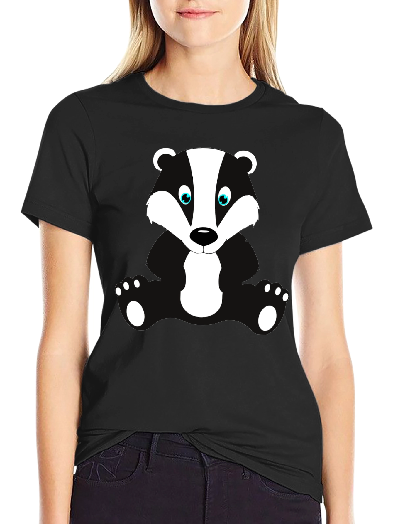 Cartoon Badger Graphic Print Black T-Shirt