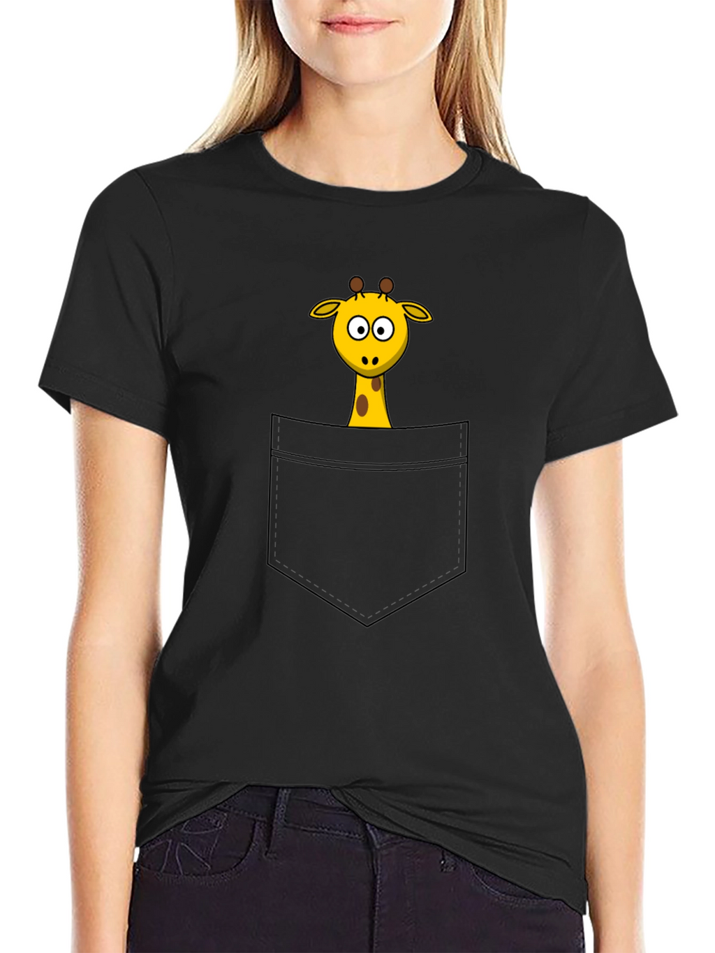 Cartoon Giraffe Pocket Print Black T-Shirt