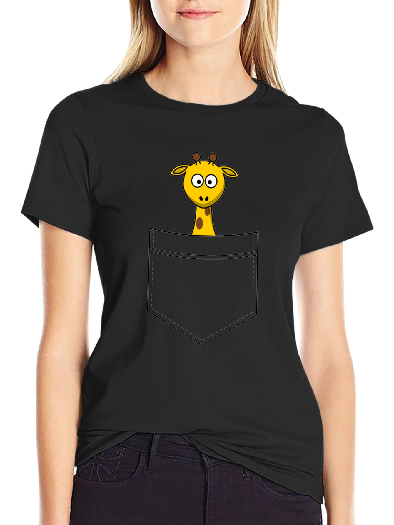 Cartoon Giraffe Pocket Print Black T-Shirt