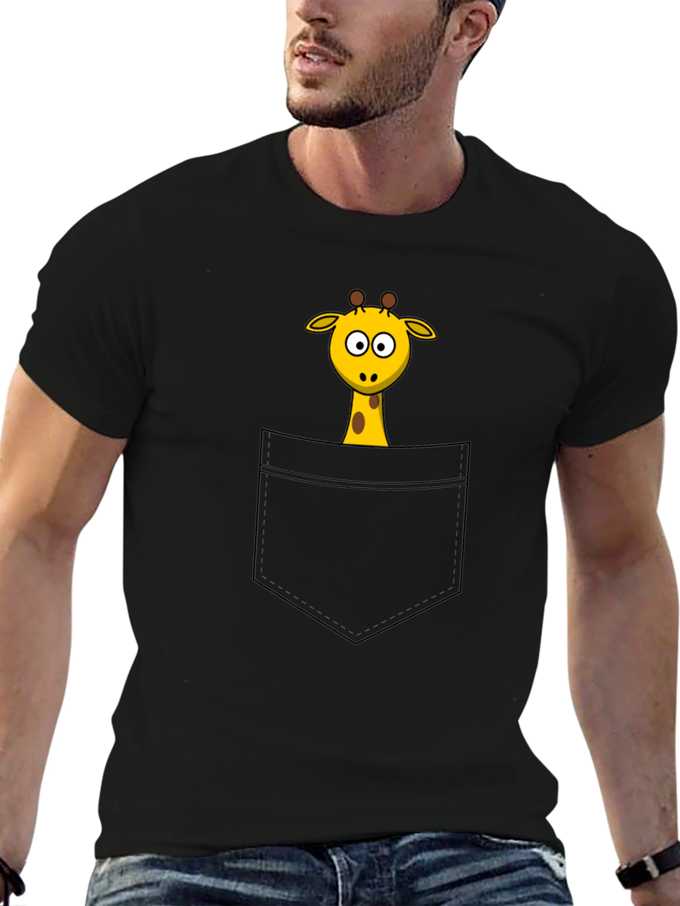 Cartoon Giraffe Pocket Print Black T-Shirt