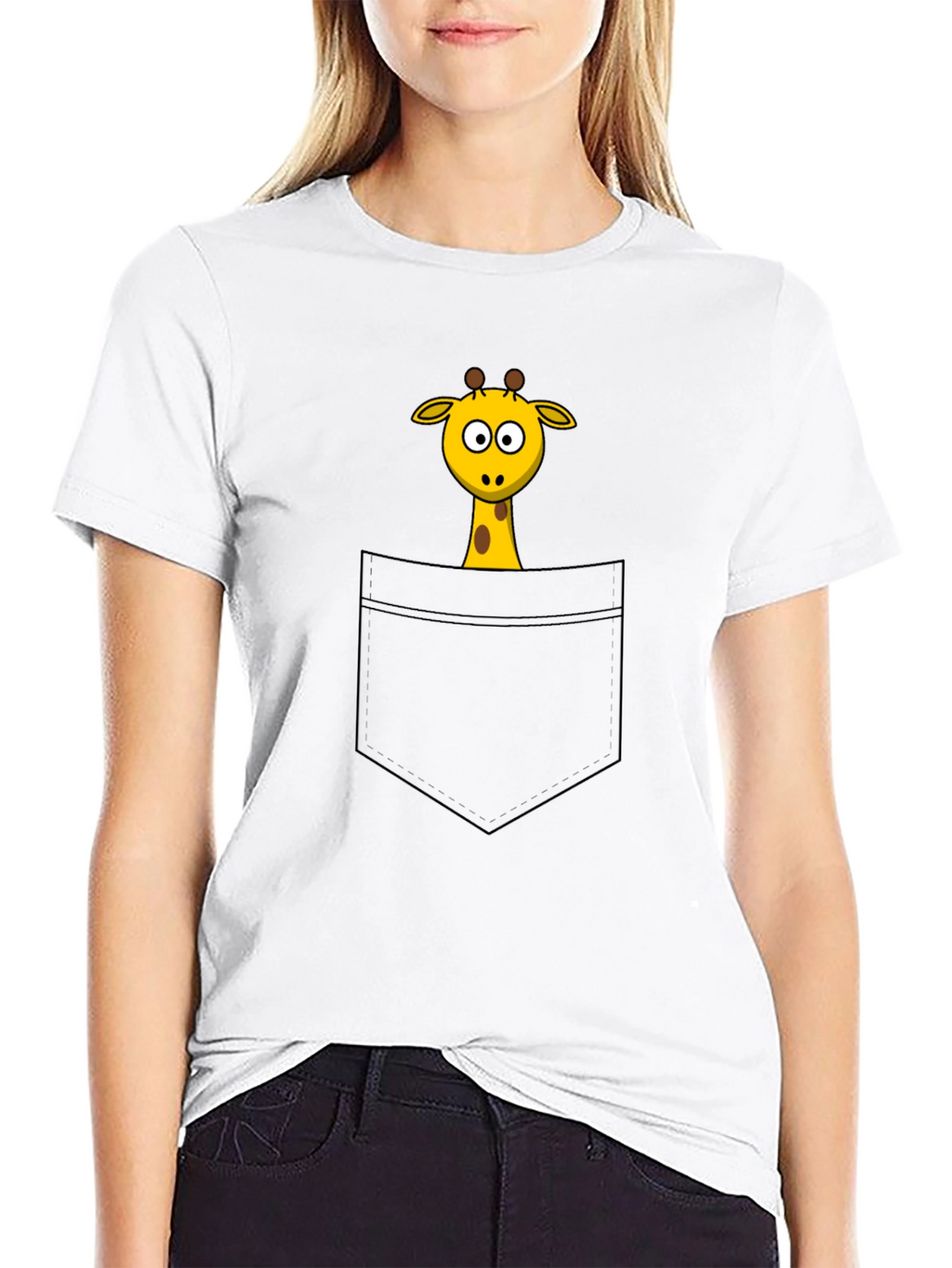 Cartoon Giraffe Pocket Print Black T-Shirt