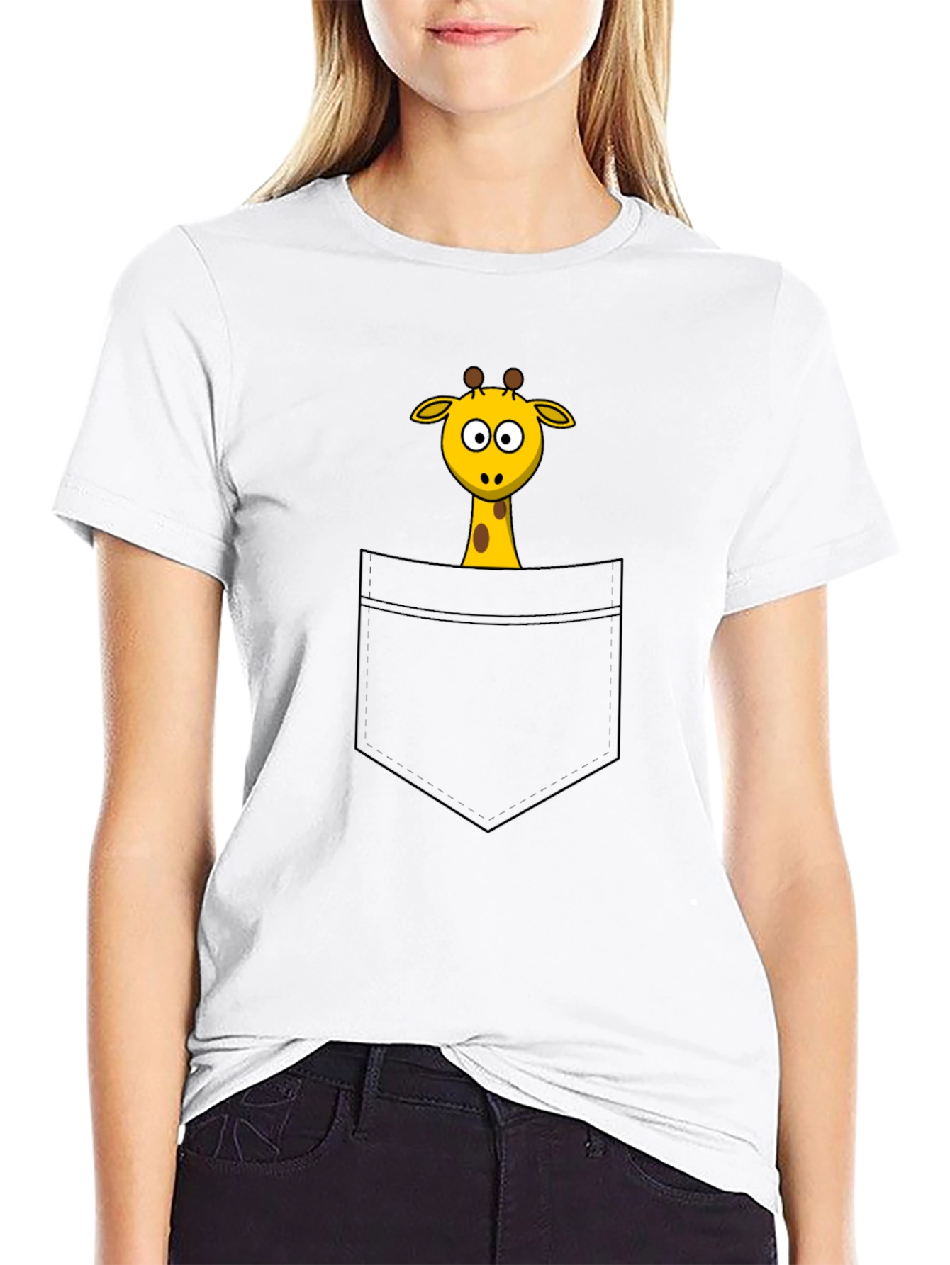 Cartoon Giraffe Pocket Print Black T-Shirt