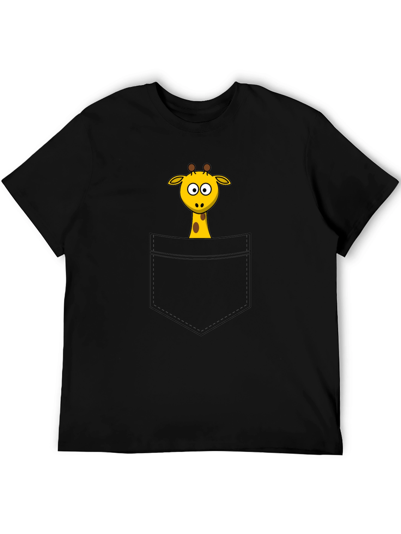 Cartoon Giraffe Pocket Print Black T-Shirt