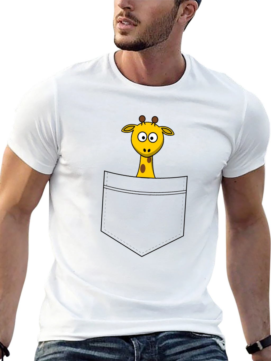 Cartoon Giraffe Pocket Print Black T-Shirt