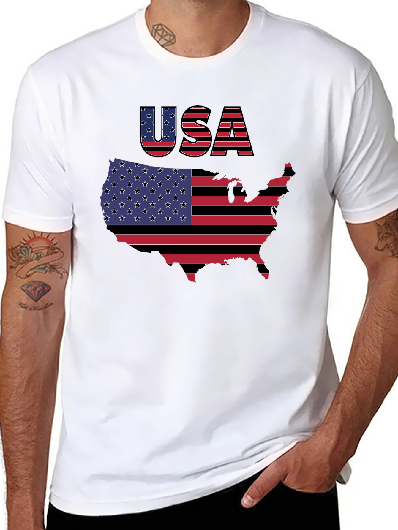 USA Flag Map Graphic Black T-Shirt