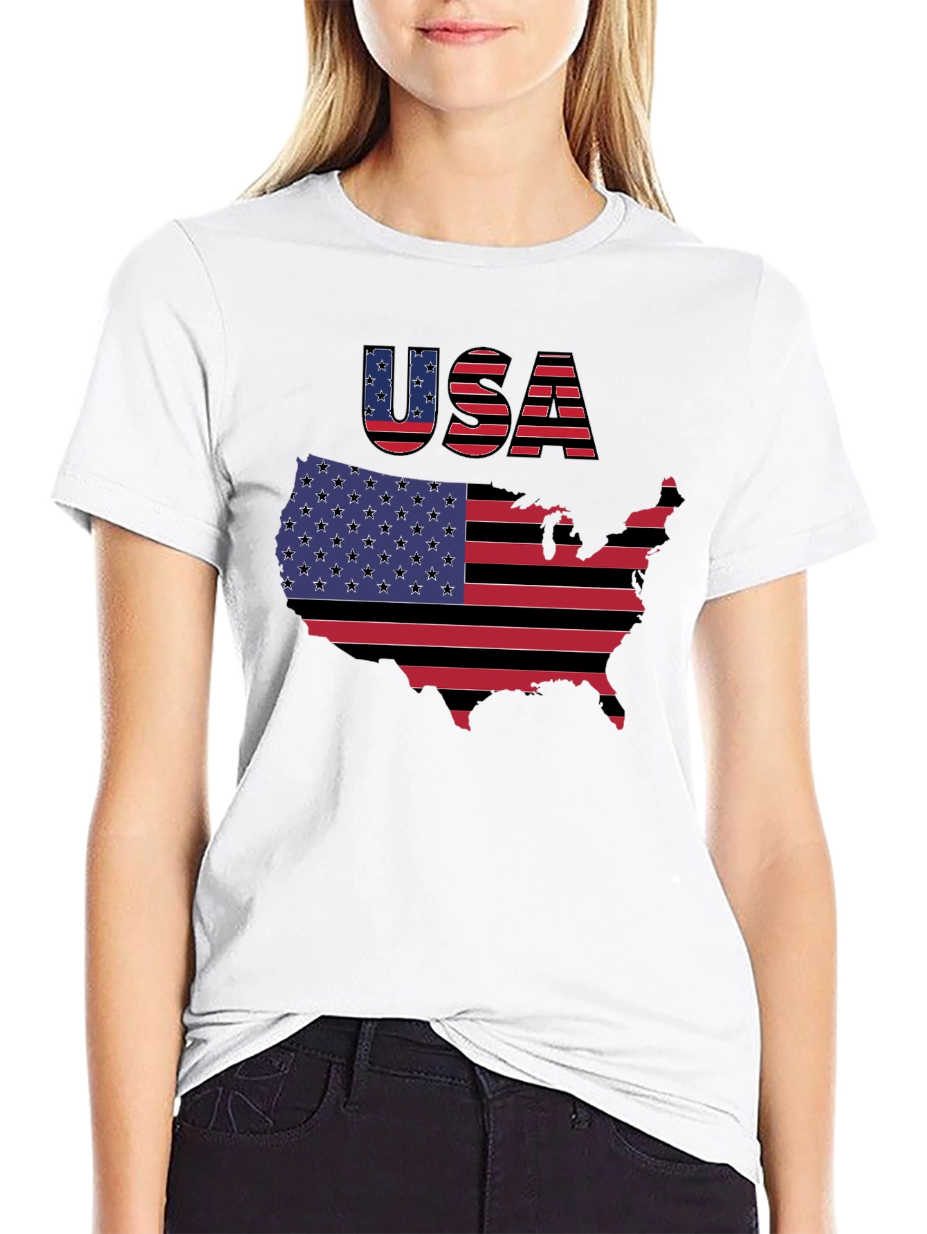 USA Flag Map Graphic Black T-Shirt