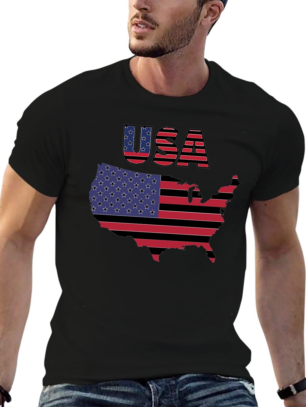 USA Flag Map Graphic Black T-Shirt