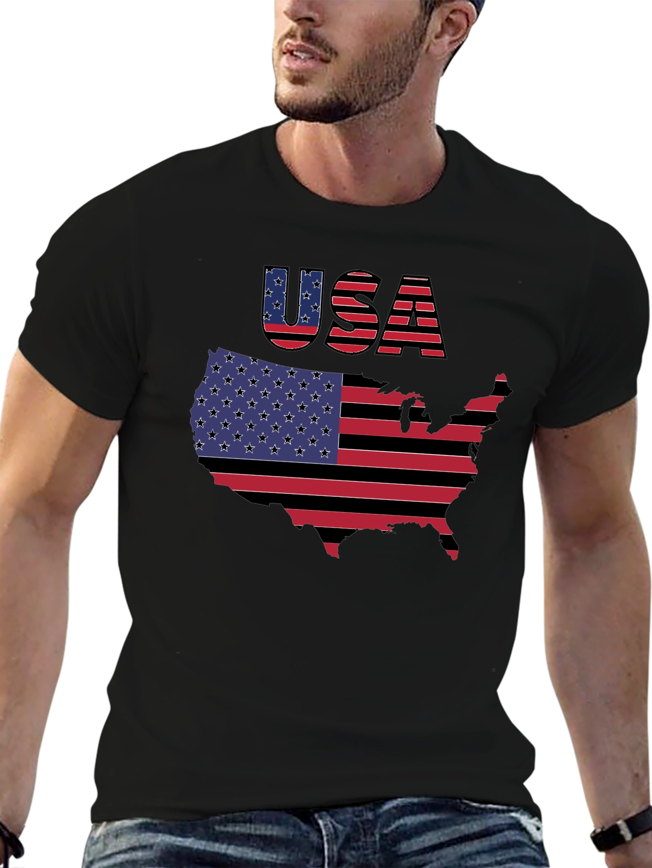 USA Flag Map Graphic Black T-Shirt