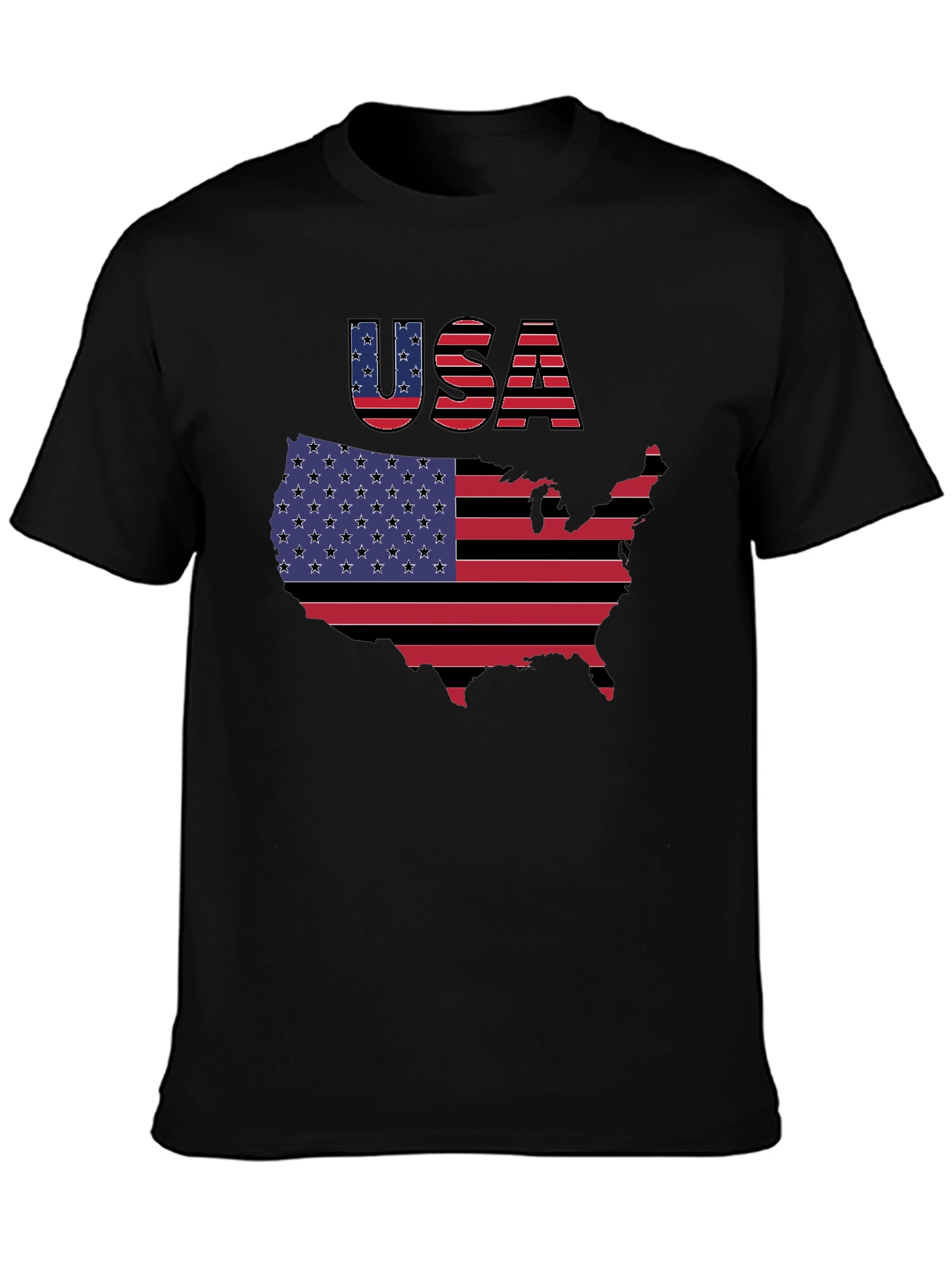 USA Flag Map Graphic Black T-Shirt