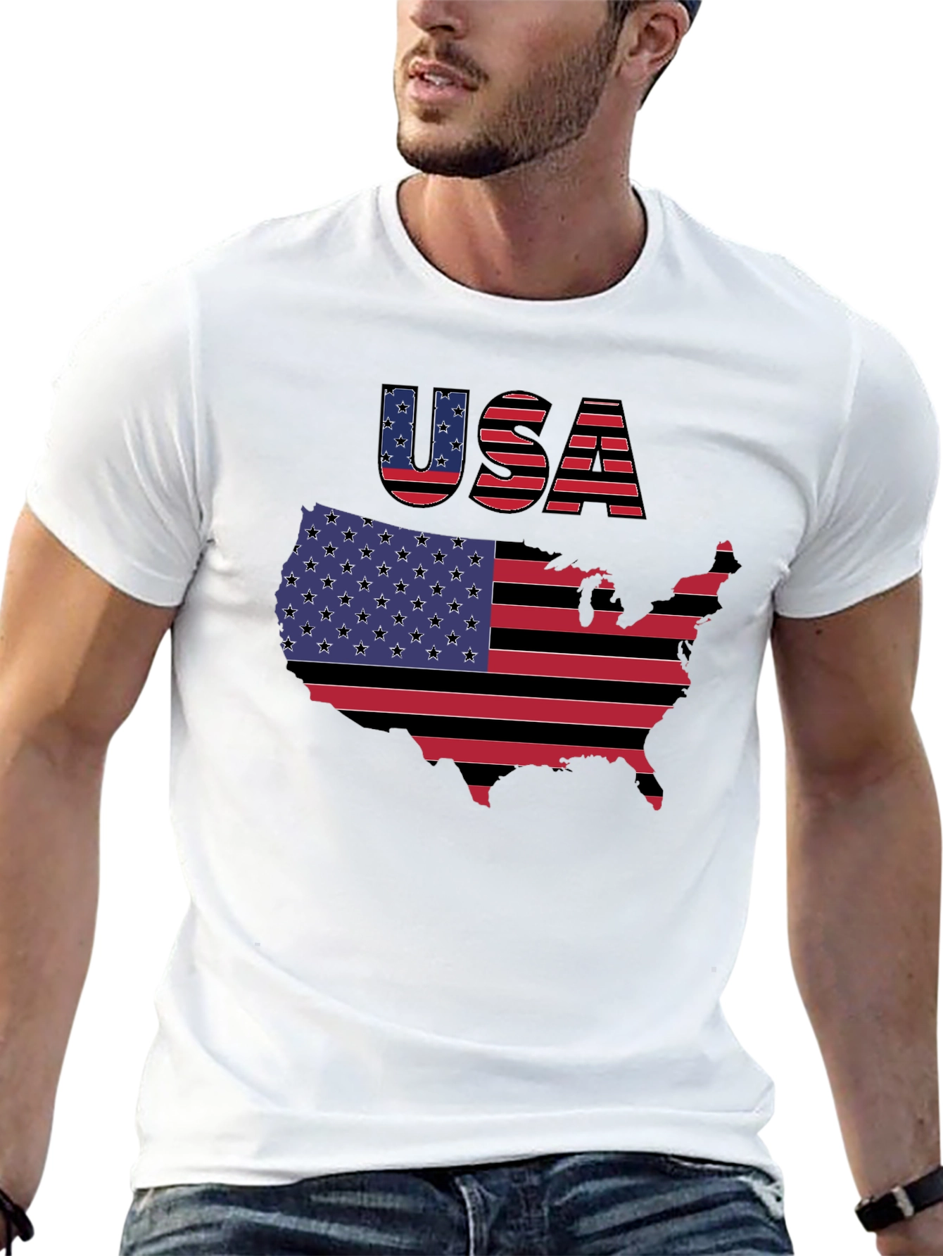 USA Flag Map Graphic Black T-Shirt
