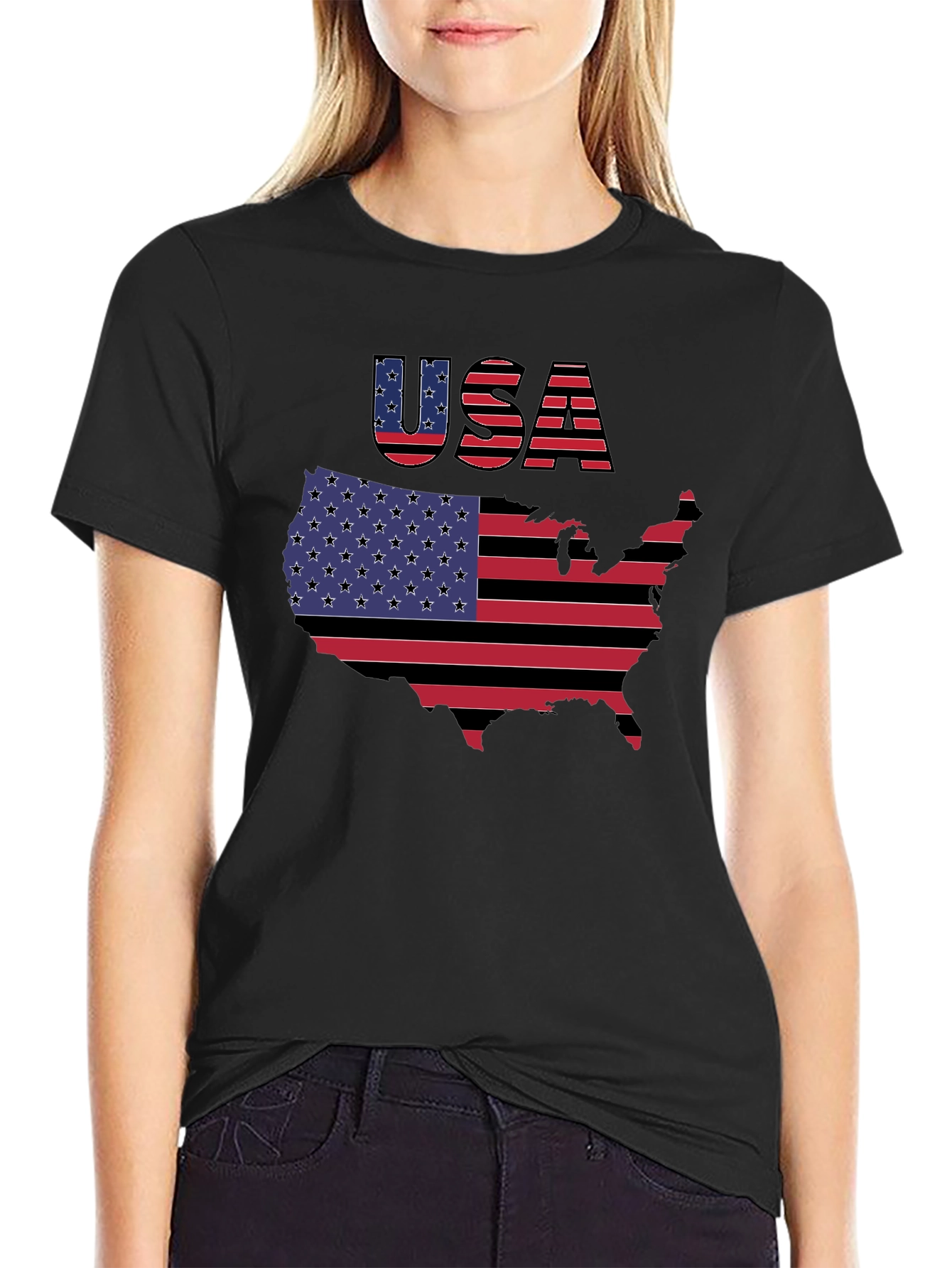 USA Flag Map Graphic Black T-Shirt
