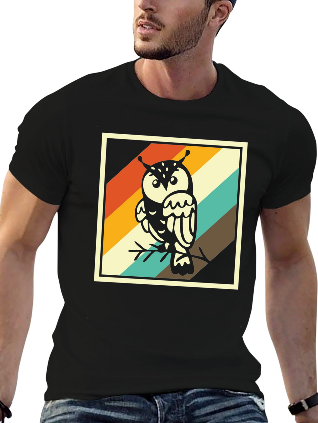 Retro Owl Graphic Tee - Trendy Mens Black T-Shirt