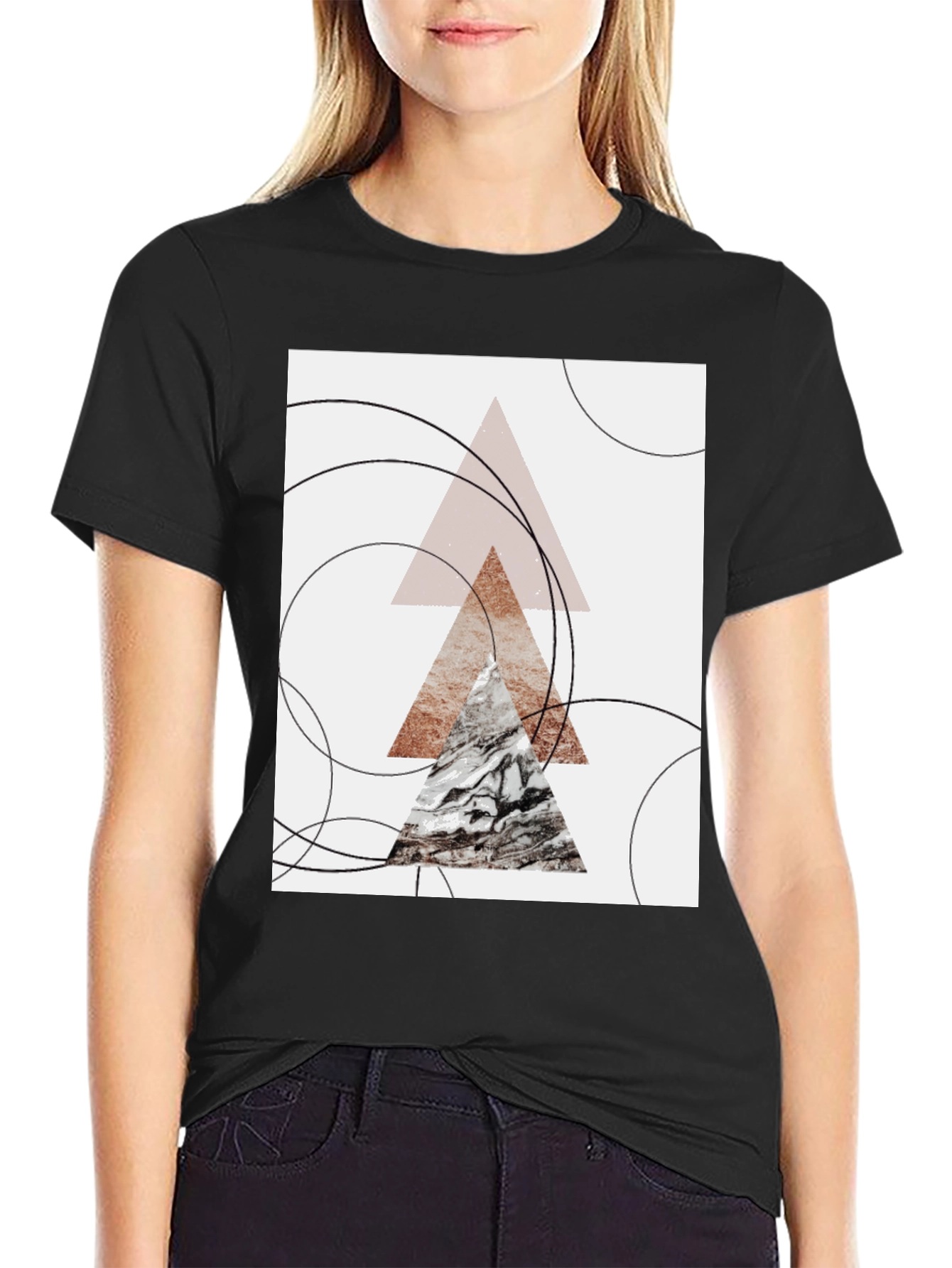 Geometric Triangle Print Black T-Shirt