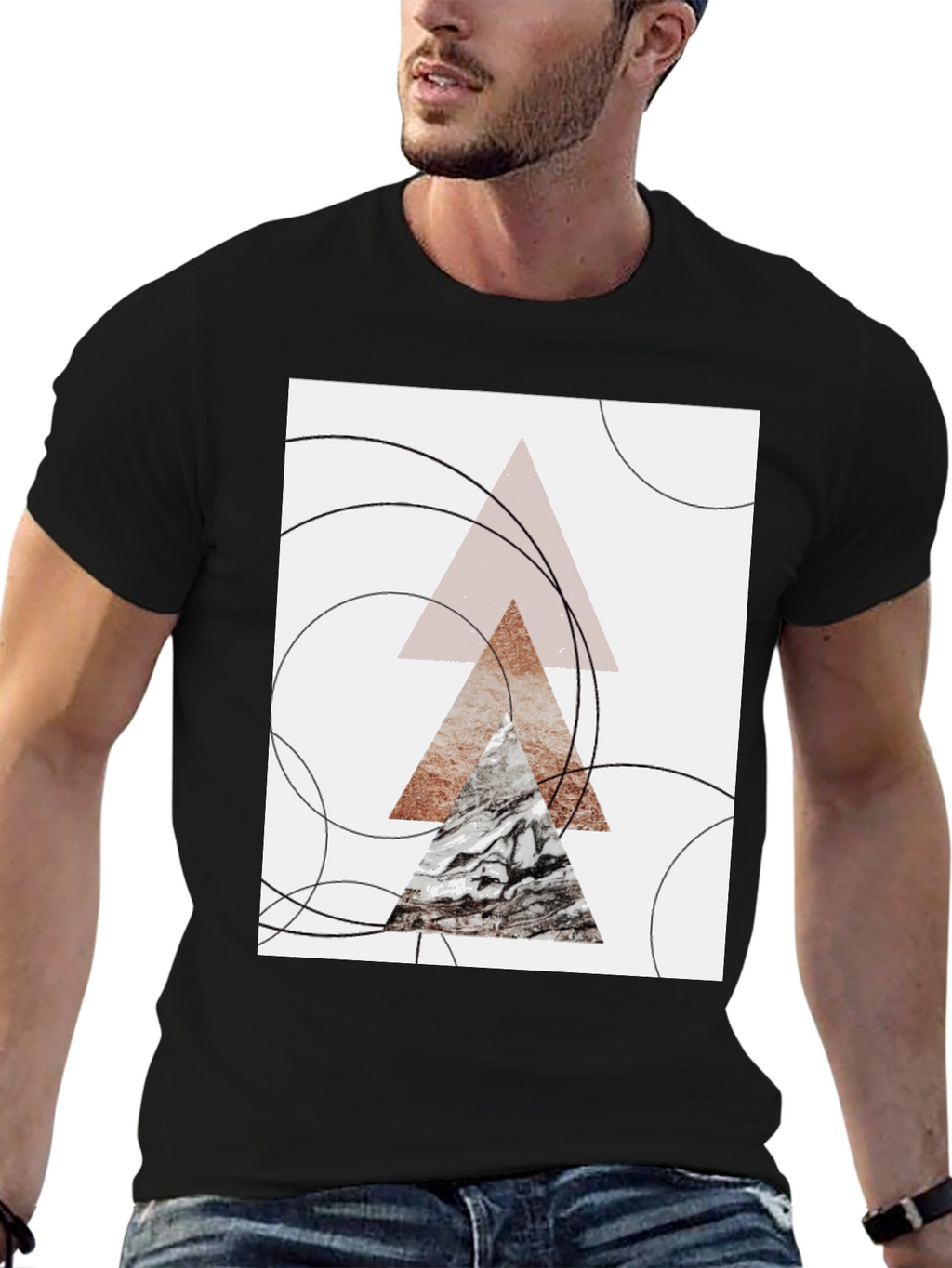 Geometric Triangle Print Black T-Shirt