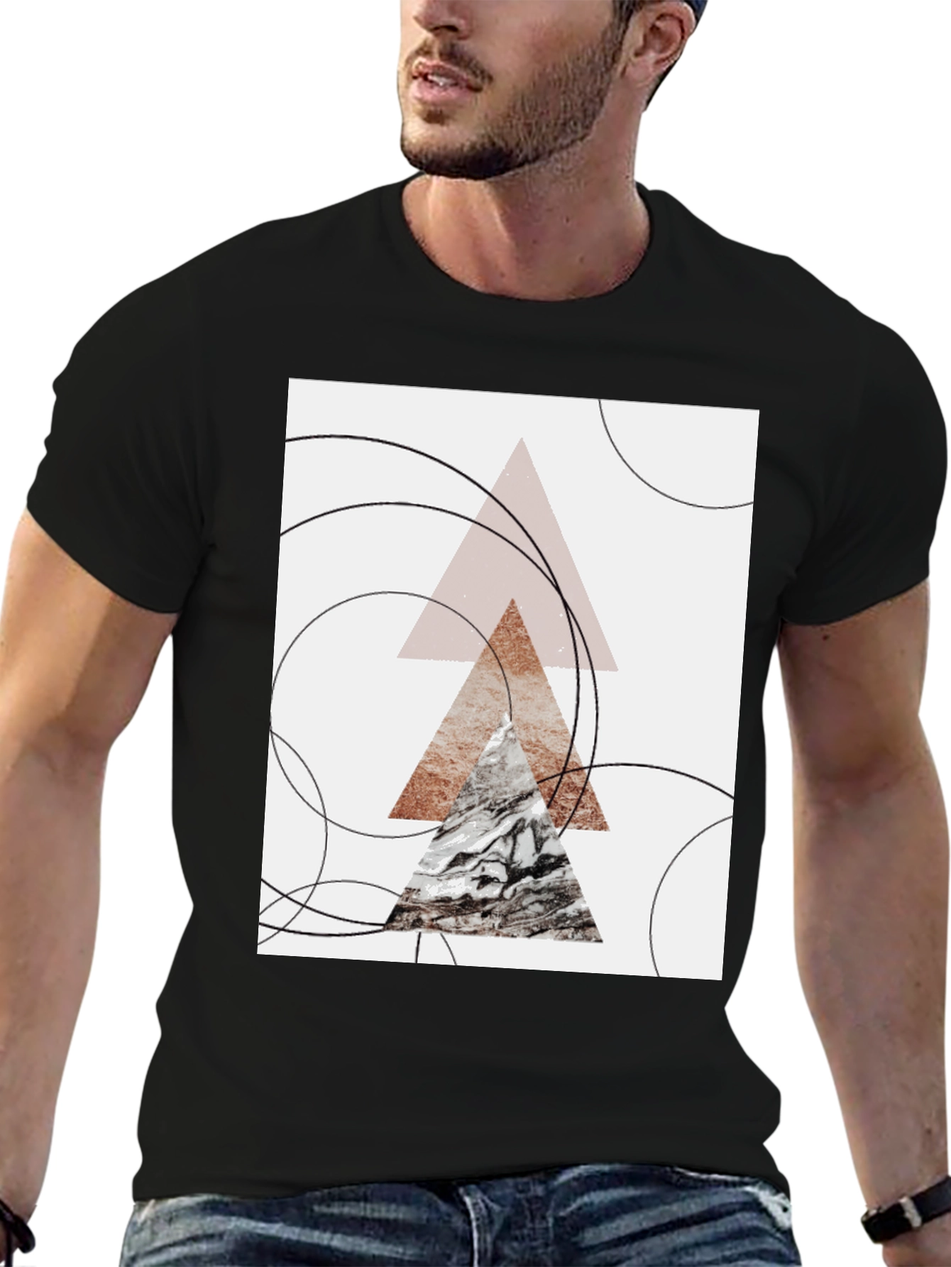 Geometric Triangle Print Black T-Shirt