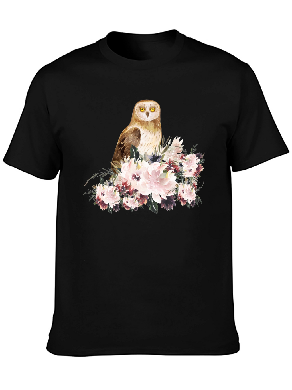 Owl and Floral Black T-Shirt