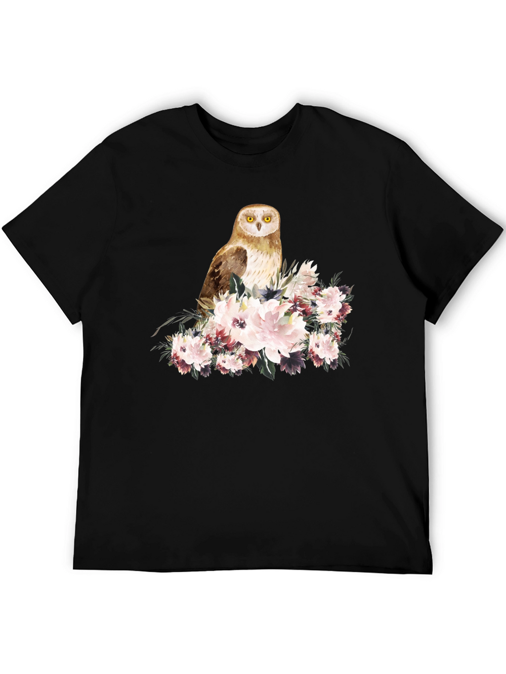 Owl and Floral Black T-Shirt