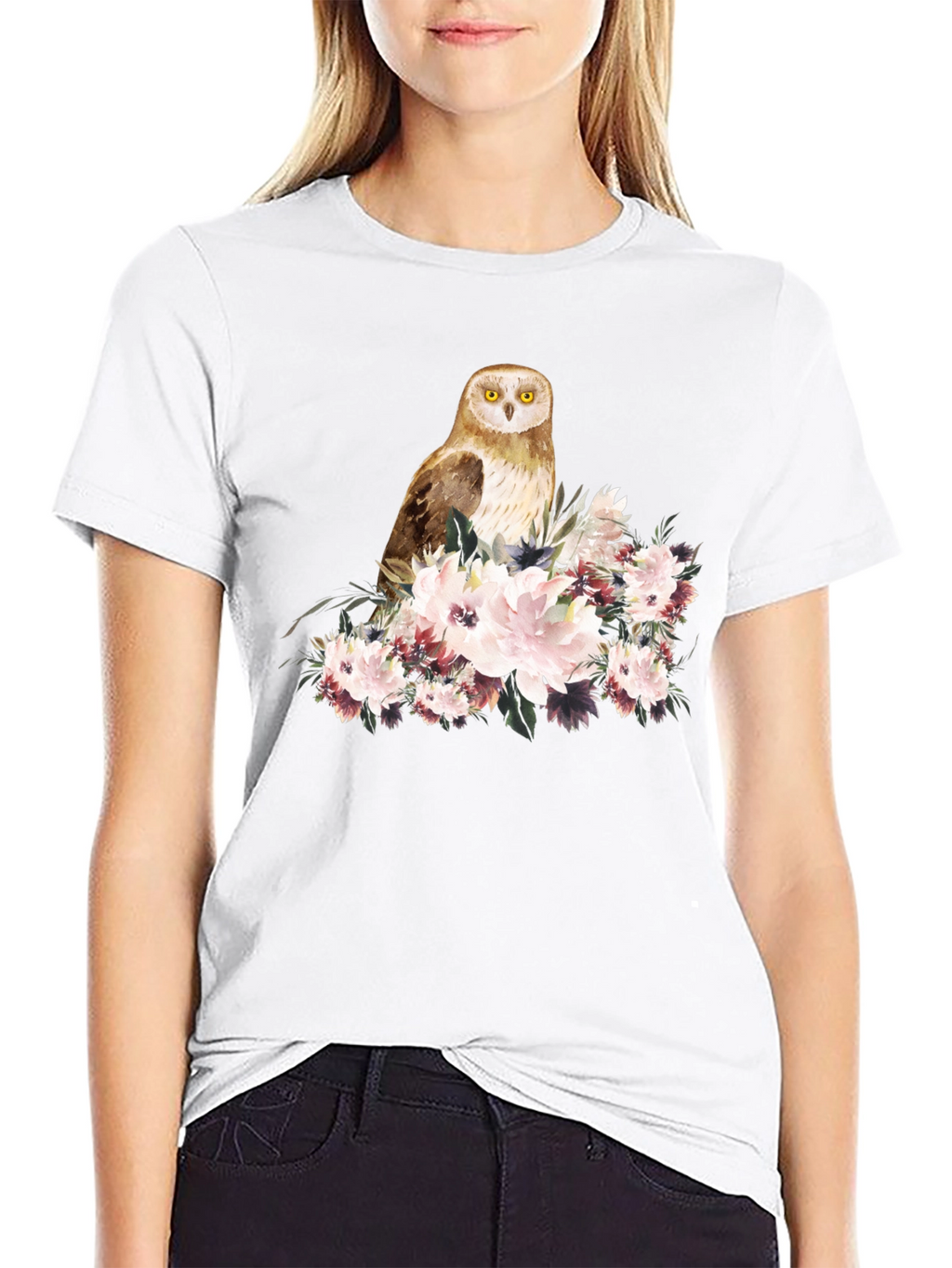 Owl and Floral Black T-Shirt