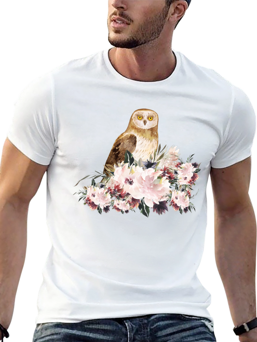 Owl and Floral Black T-Shirt