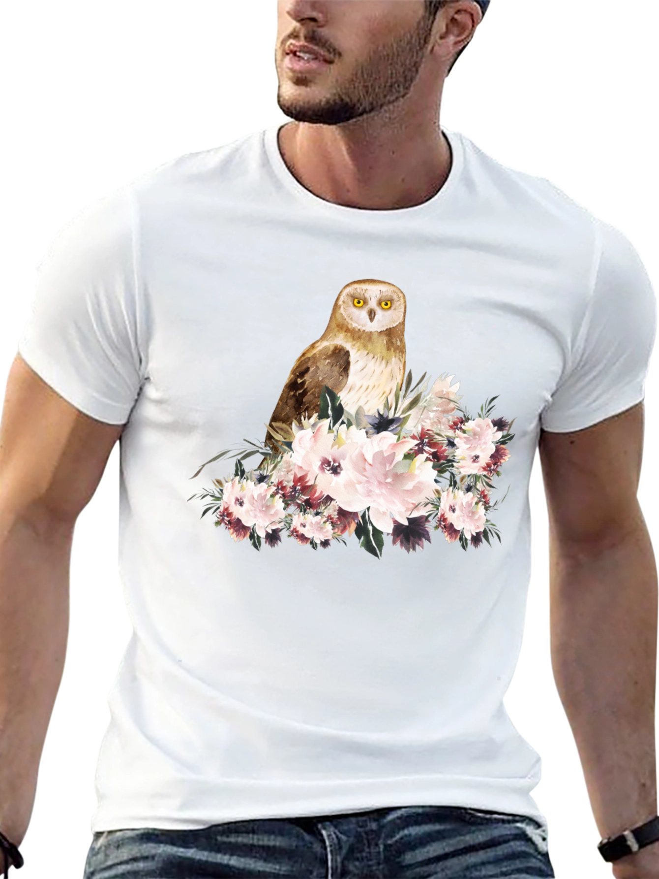 Owl and Floral Black T-Shirt
