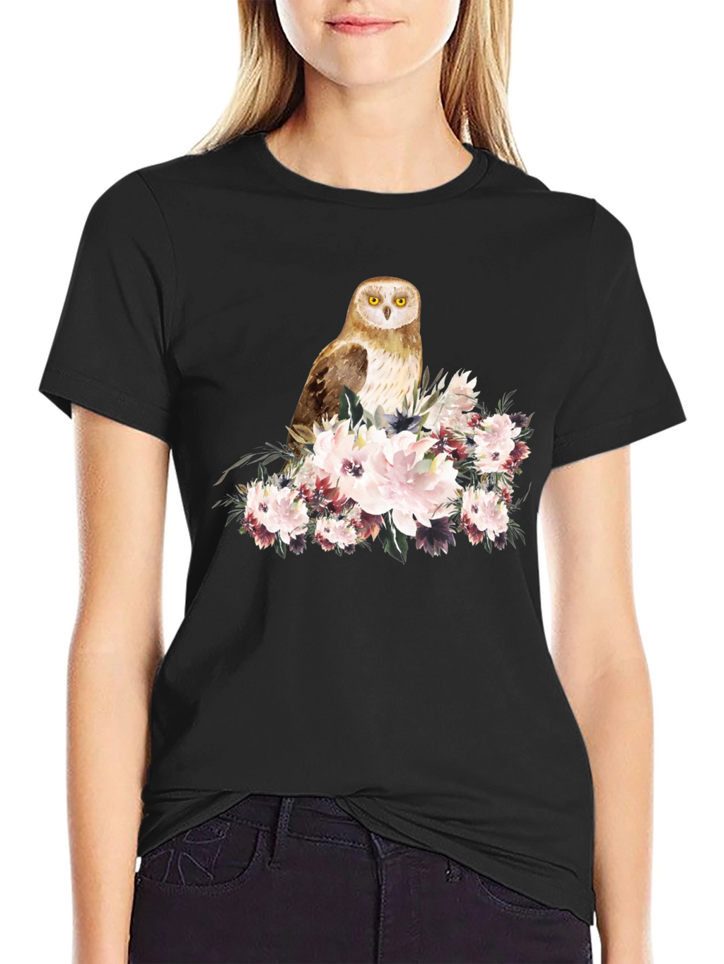 Owl and Floral Black T-Shirt