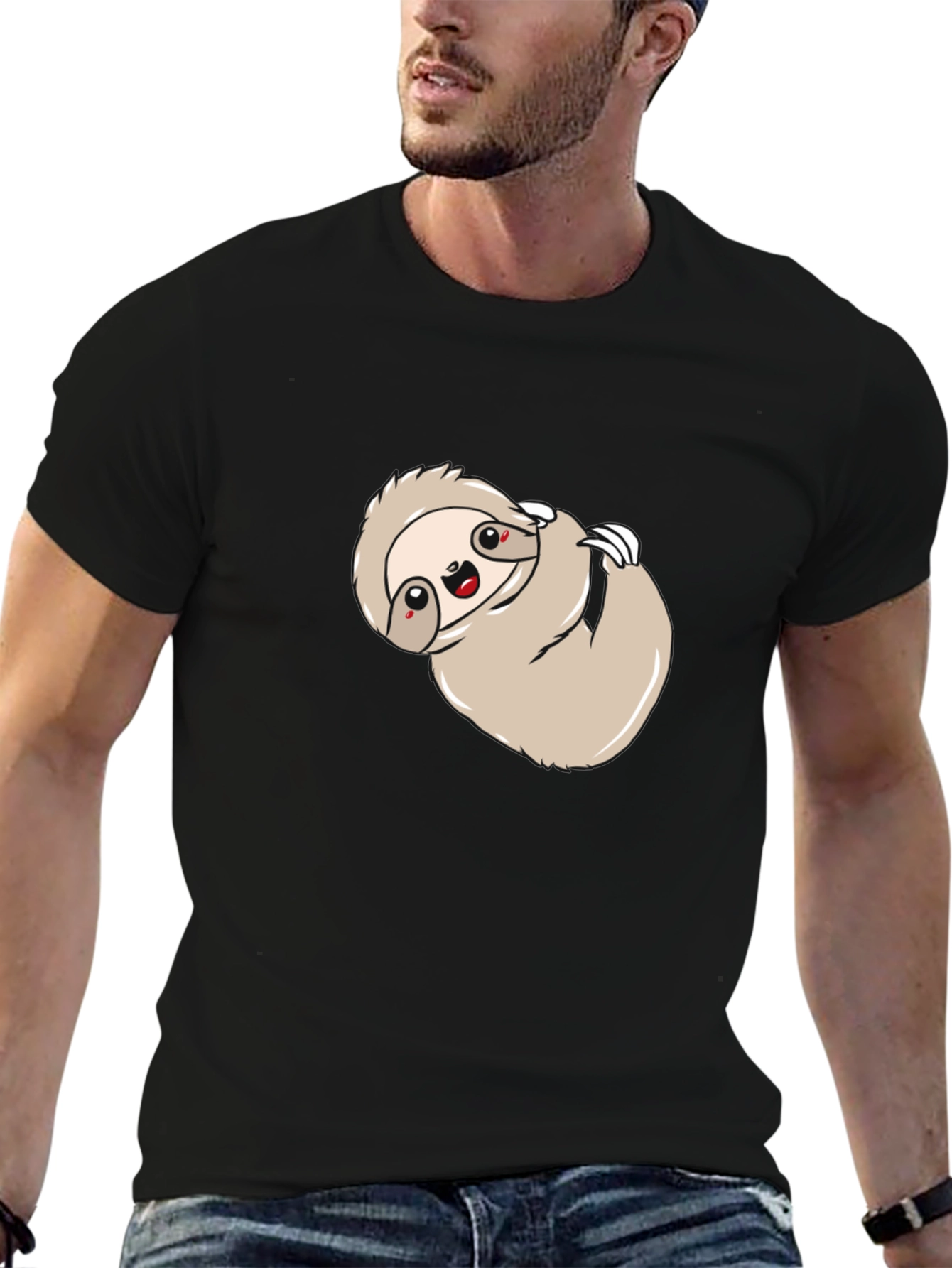 Cute Sloth Graphic Print Black Tee Shirt