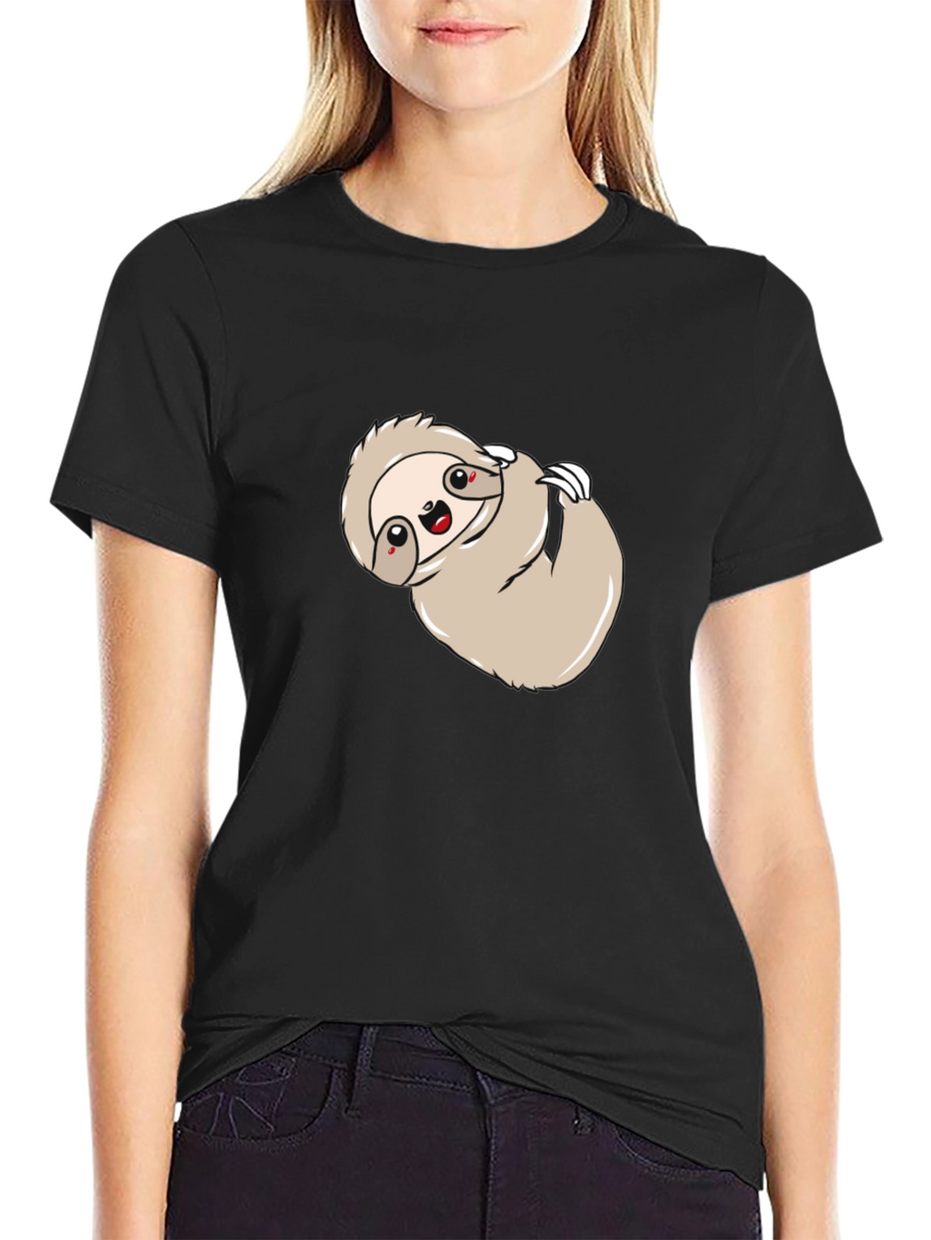 Cute Sloth Graphic Print Black Tee Shirt